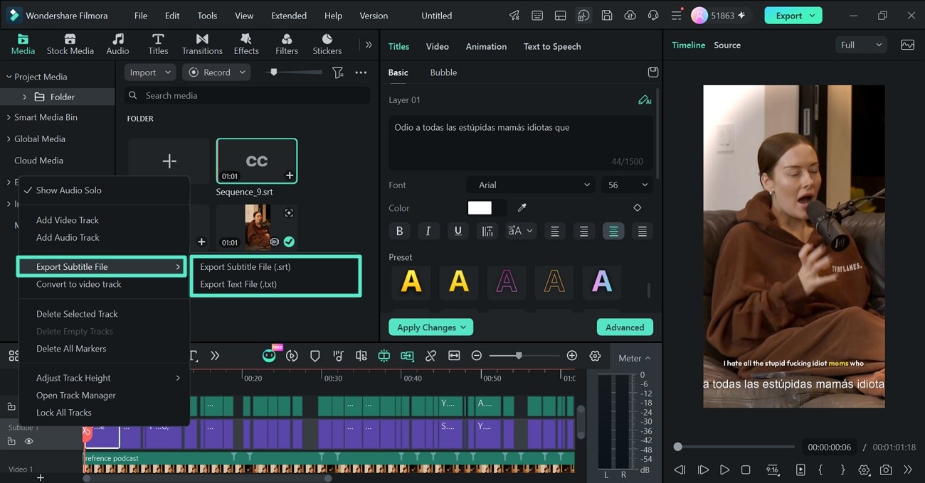 export subtitle file from Filmora