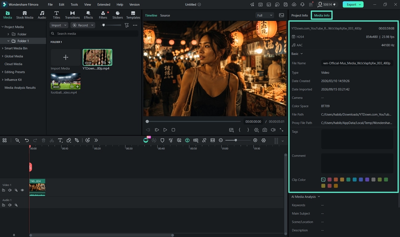View media information in Filmora for Windows