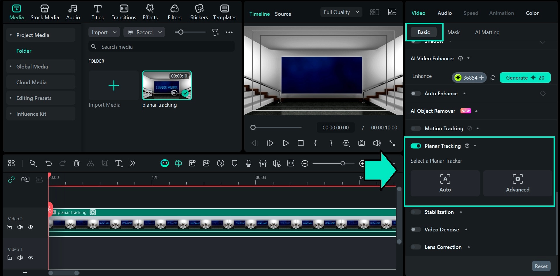 locate planar tracking from editing panel