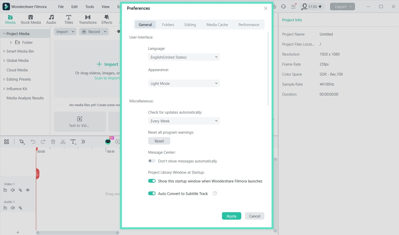 Change the mode in the Filmora Preferences window