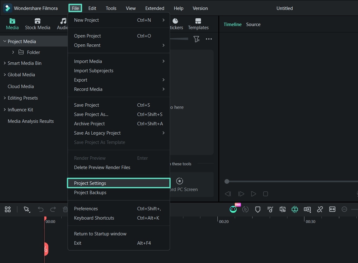 Open Project Settings in Filmora for Windows