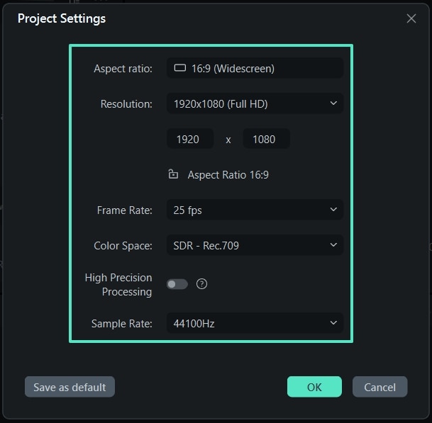 Change project settings in Filmora for Windows