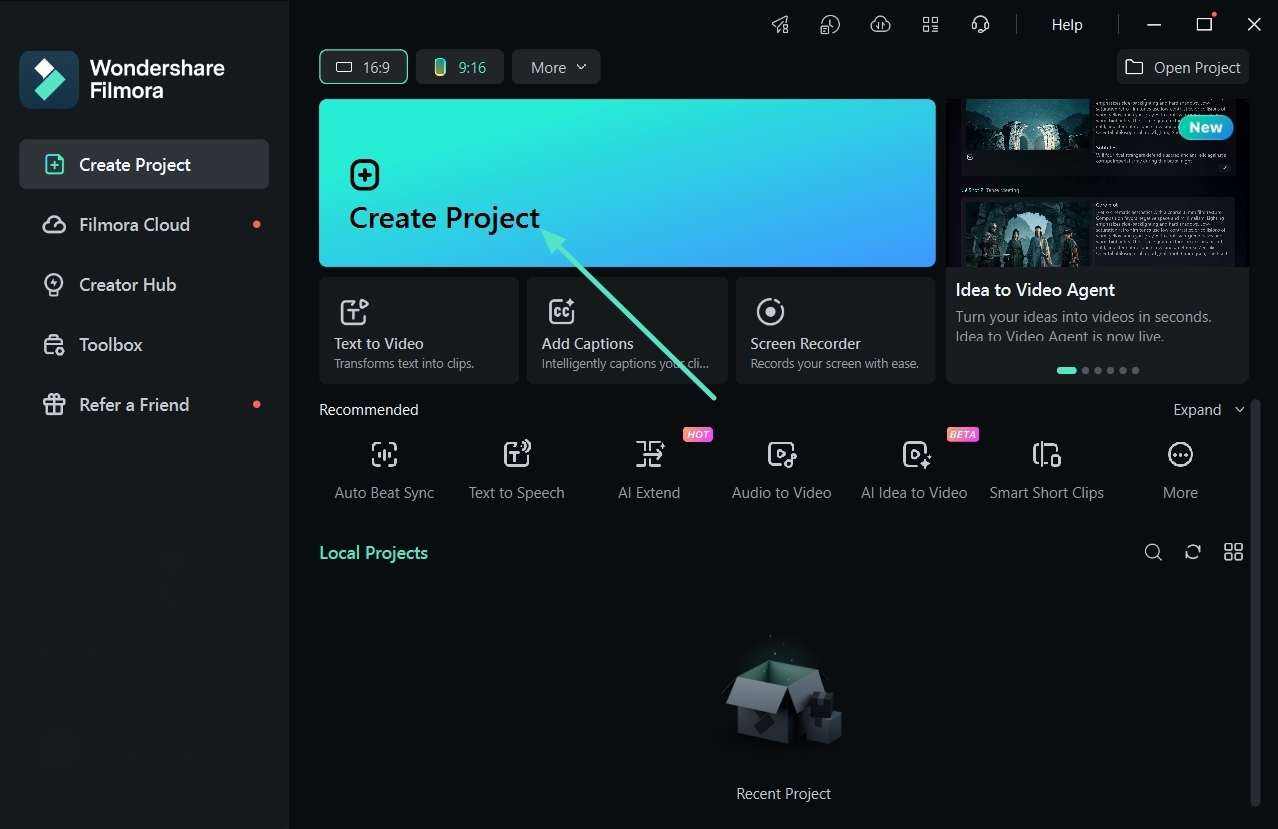 create new filmora project