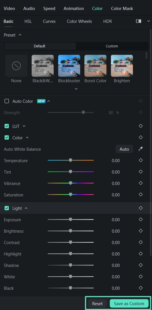 Save a preset or reset settings in Filmora for Windows