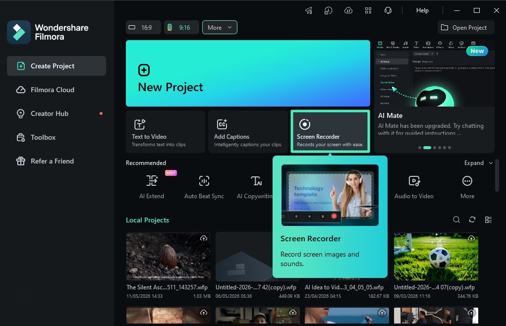 screen recorder option startup window