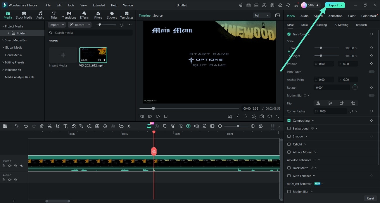 Revisar e exportar uma gravação de gameplay no Filmora