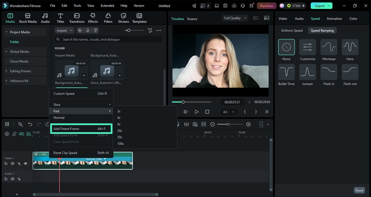 insert freeze frame in segmented speed control