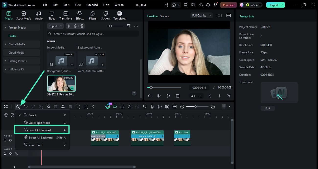selecting all clips forward