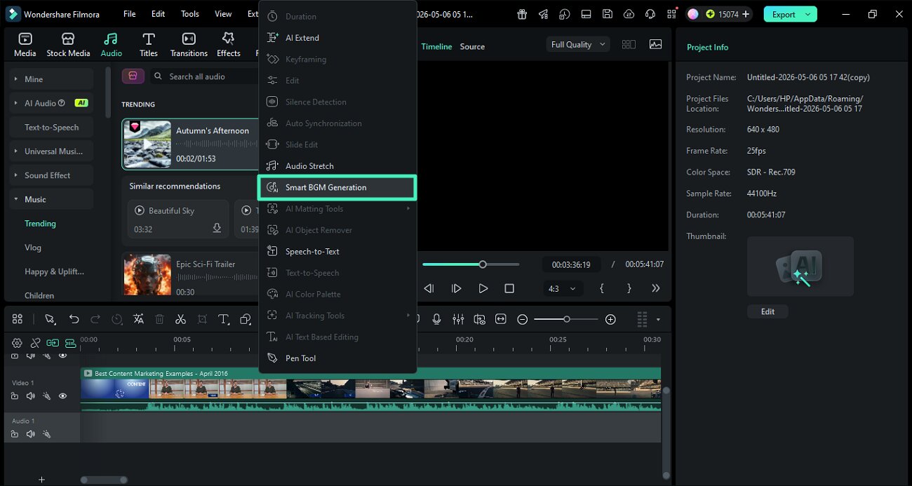 open smart bgm feature in toolbar