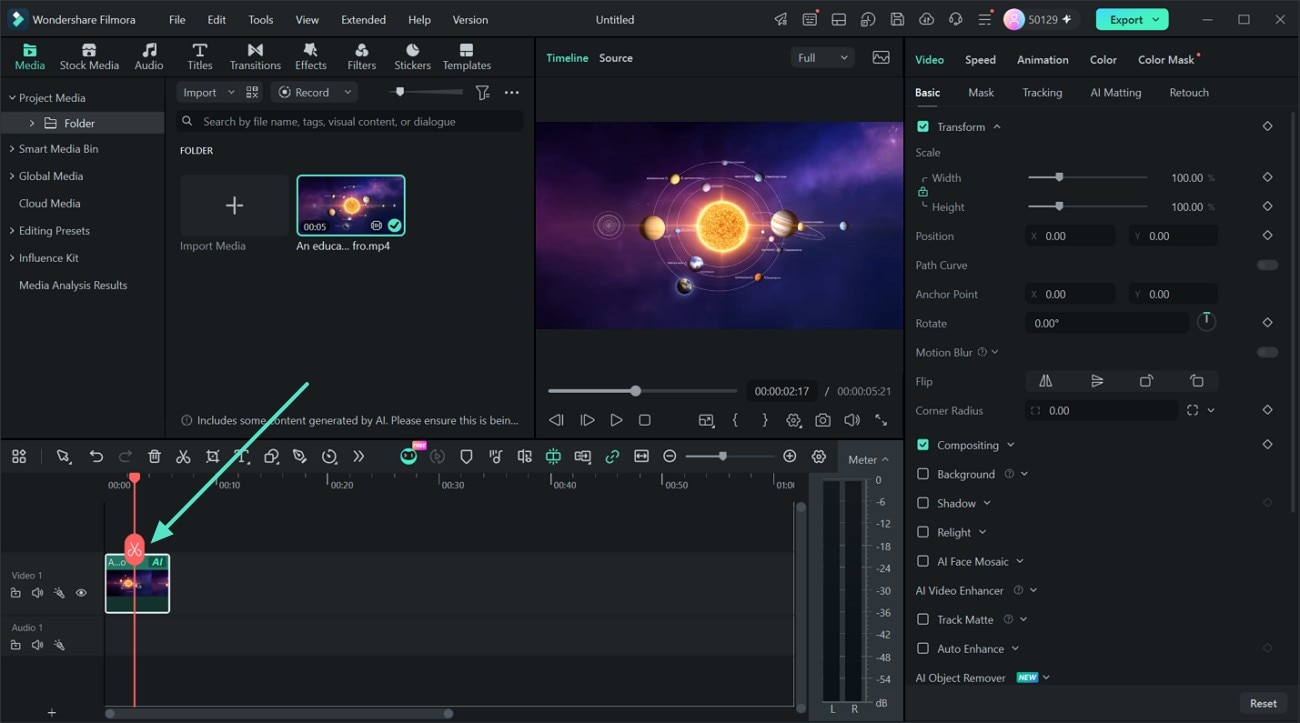 Drag the split tool and split the clip