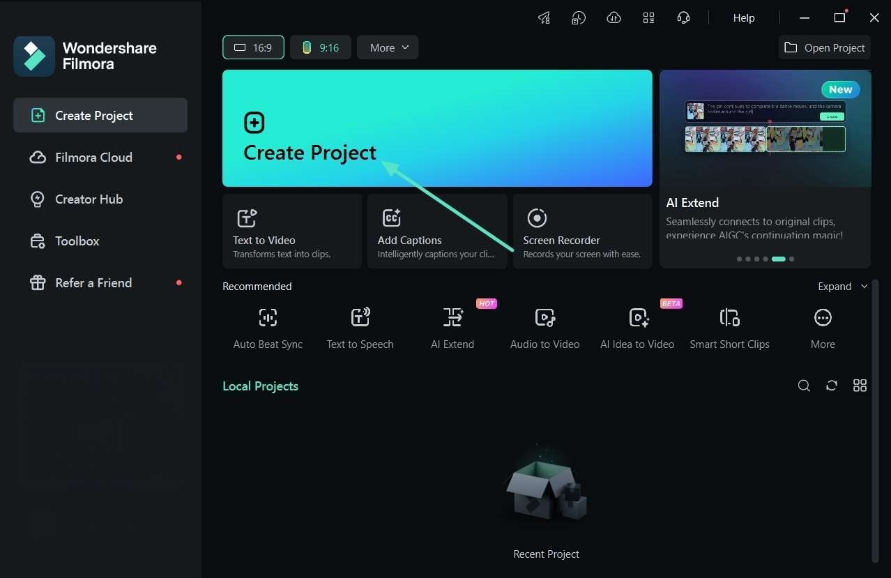 create new filmora video editing project