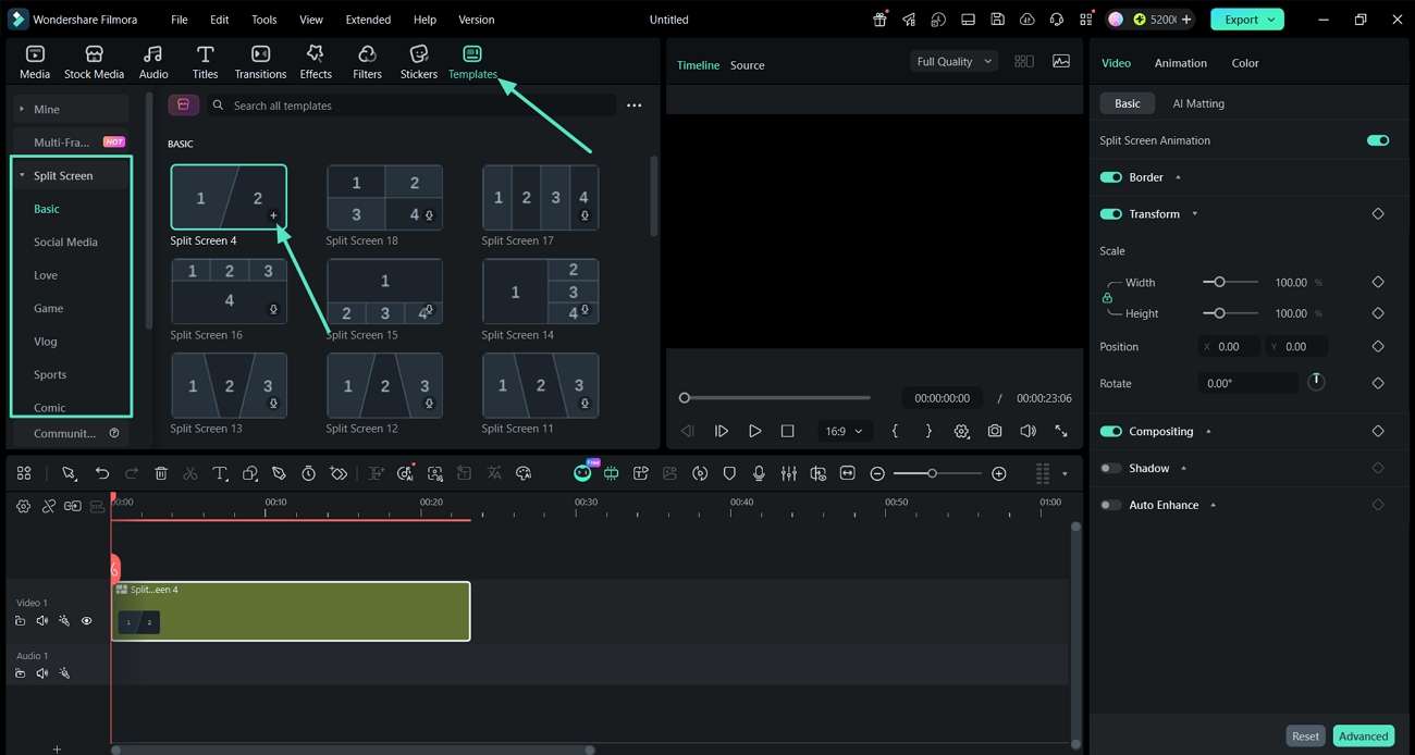 choose split screen template filmora