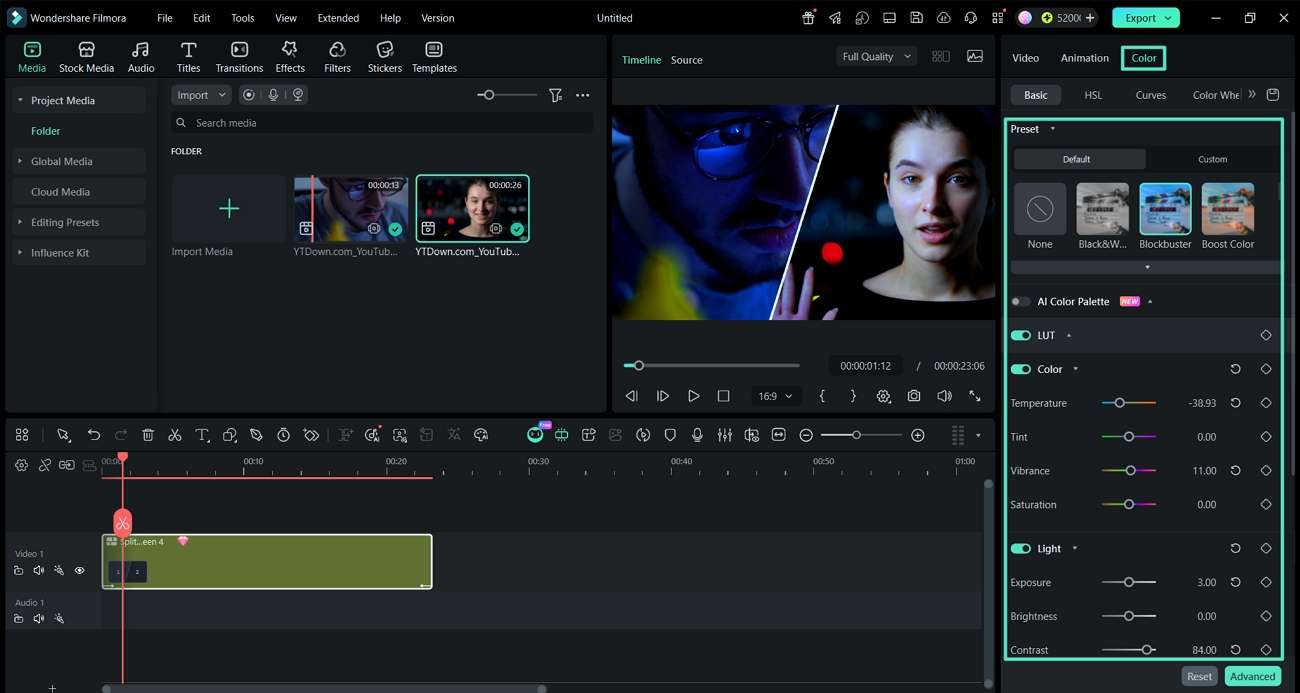 adjust split screen video colors