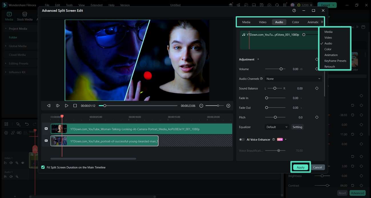 edit single clip filmora split screen