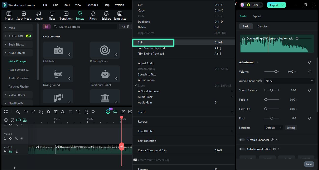split audio using scissors tool