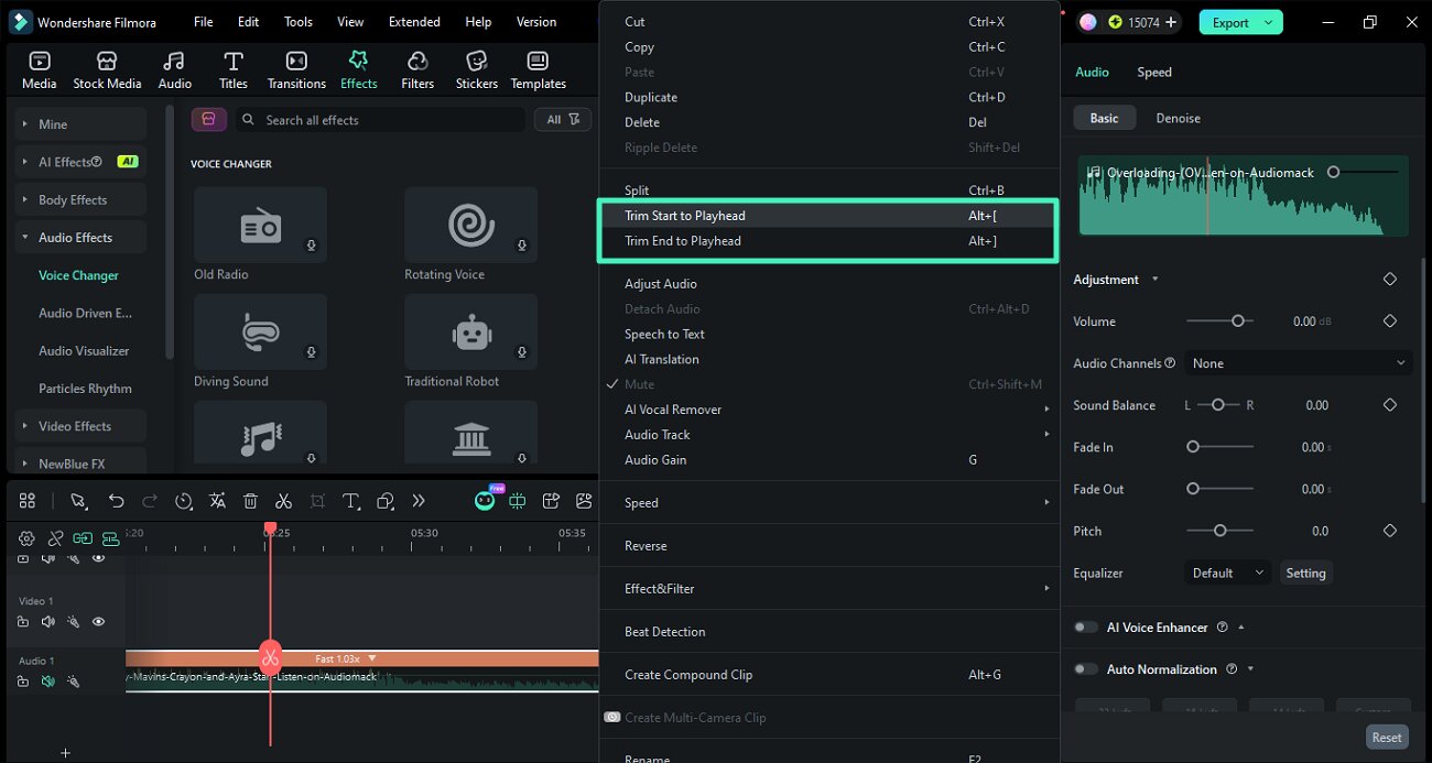trim audio using playhead options