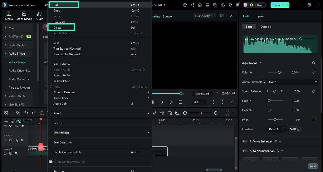 delete unwanted audio segment