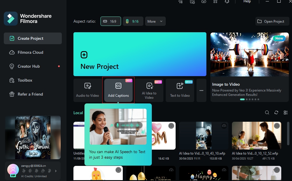 Add Captions button on Filmora startup page