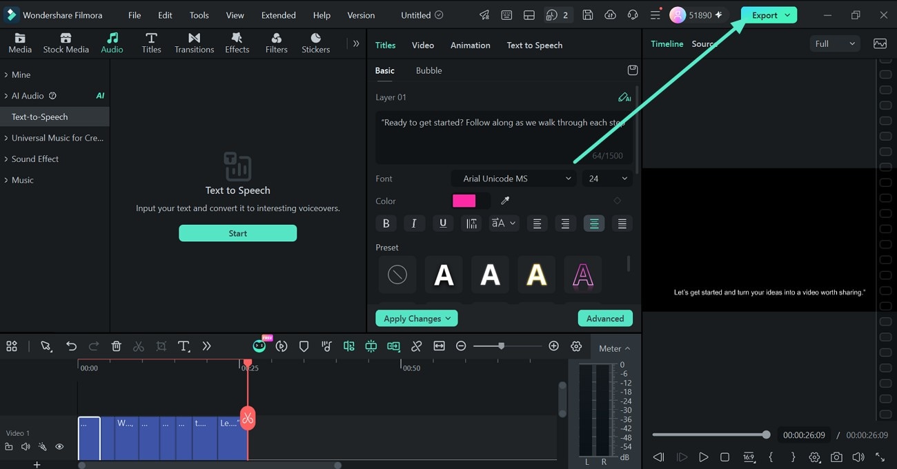 preview and export generated speech