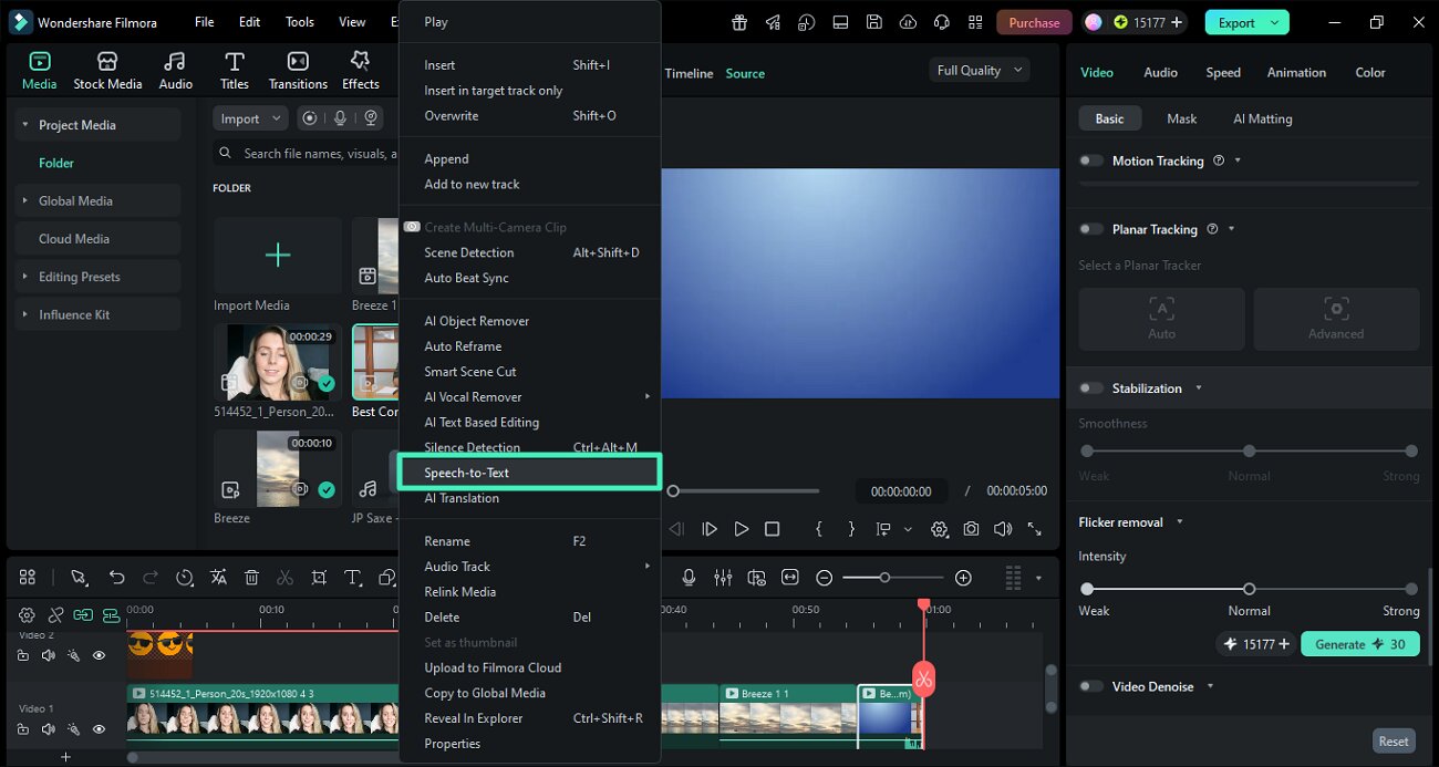 open speech to text option in filmora