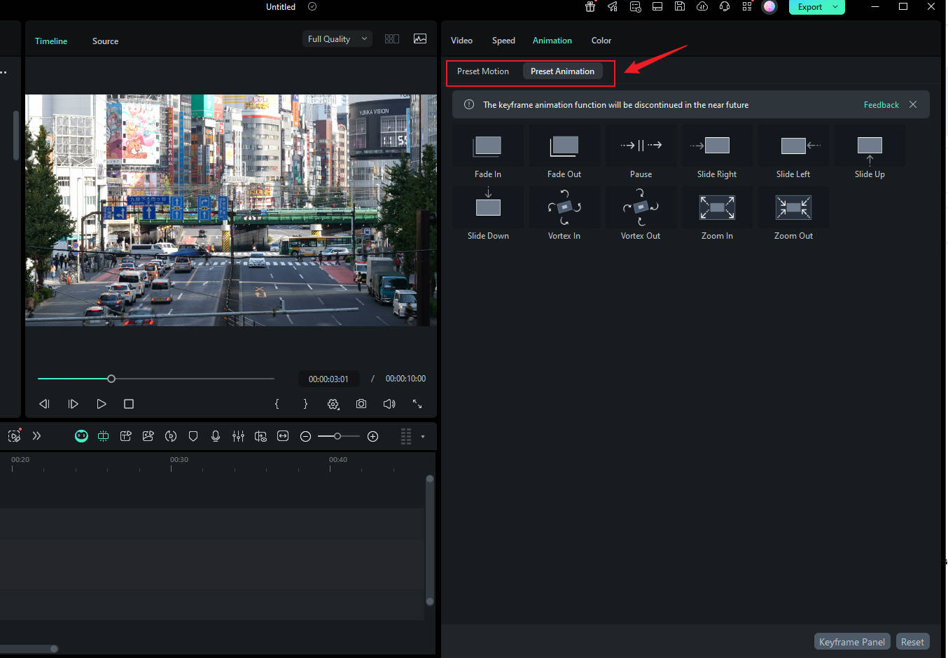 reset preset animation feature on windows