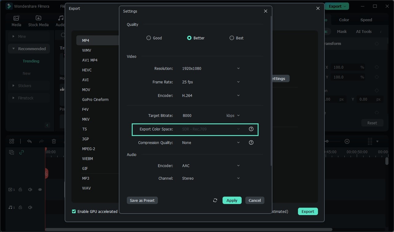 Configurações de "Exportar espaço de cor"