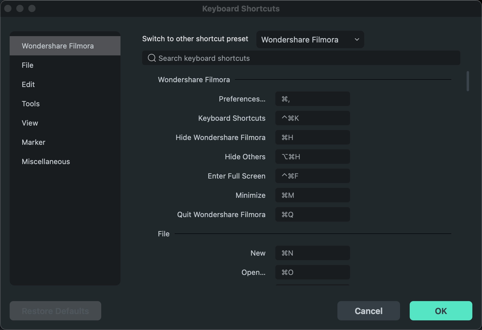 Search the Keyborad Shortcuts in Filmora