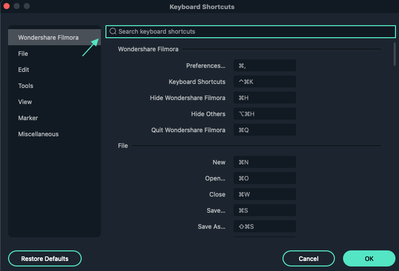 rechercher les raccourcis clavier dans filmora