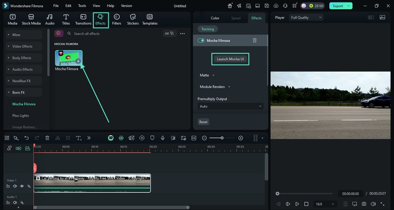apply mocha filmora effect and launch mocha ui