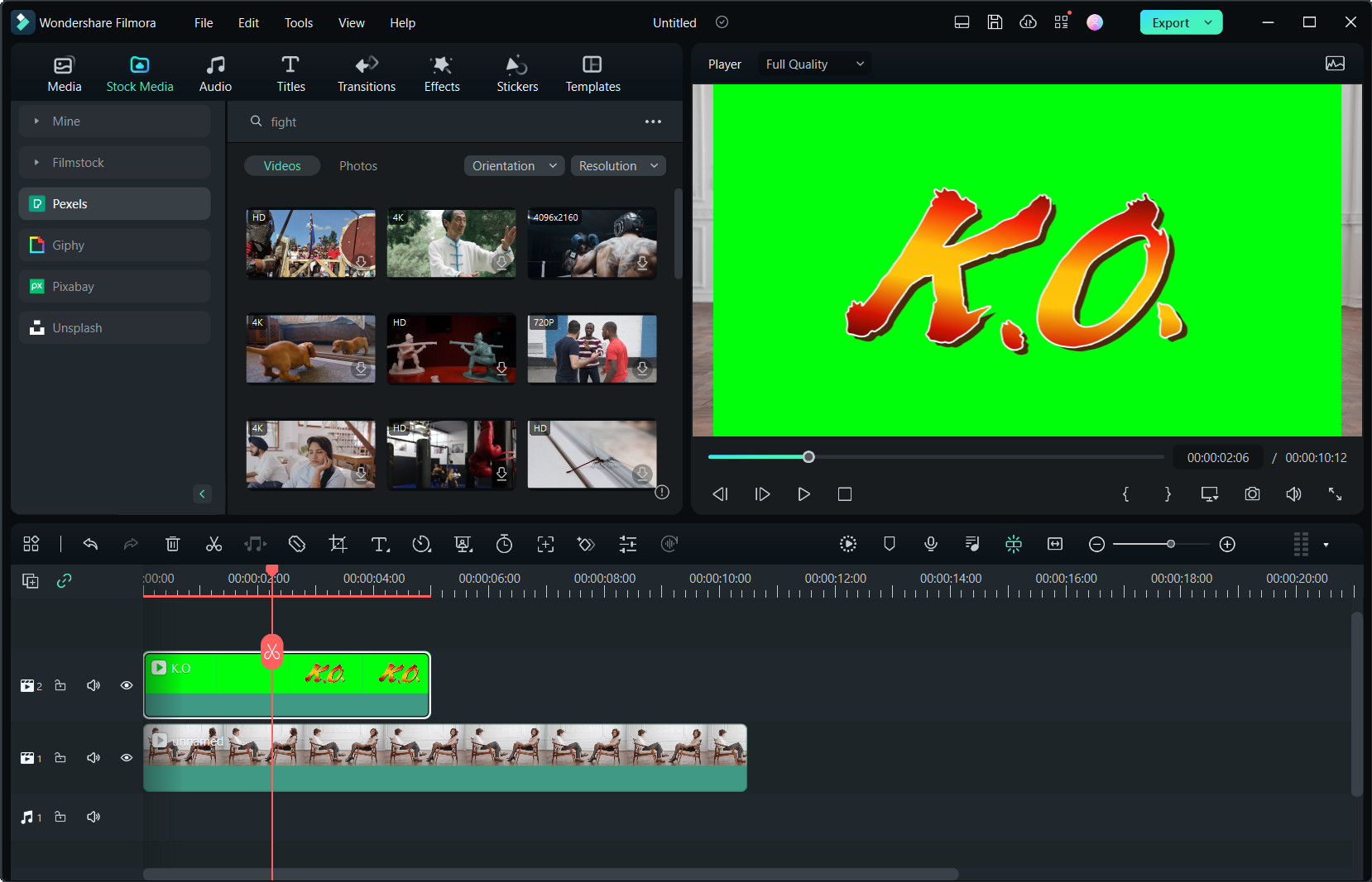 menempatkan video pip green screen di Timeline