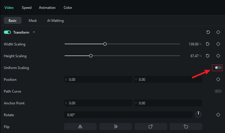 filmora transform scaling feature settings