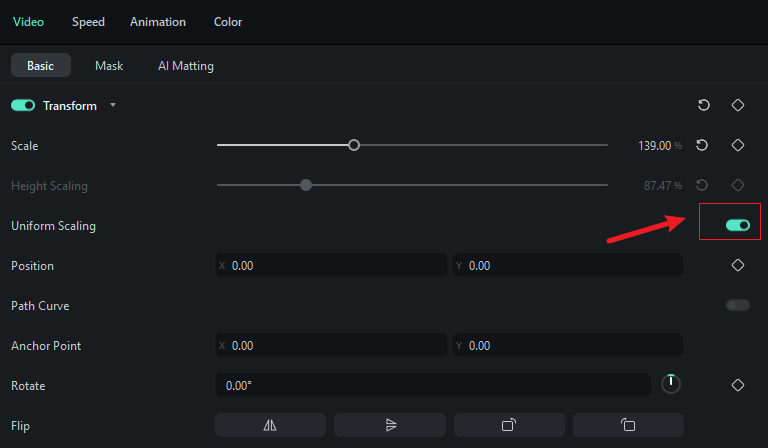 filmora transform scaling feature settings