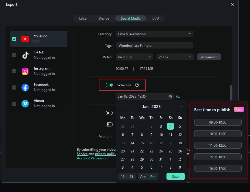 export and share using schedule feature