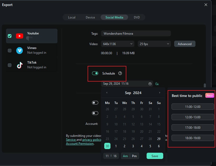 export and share using schedule feature