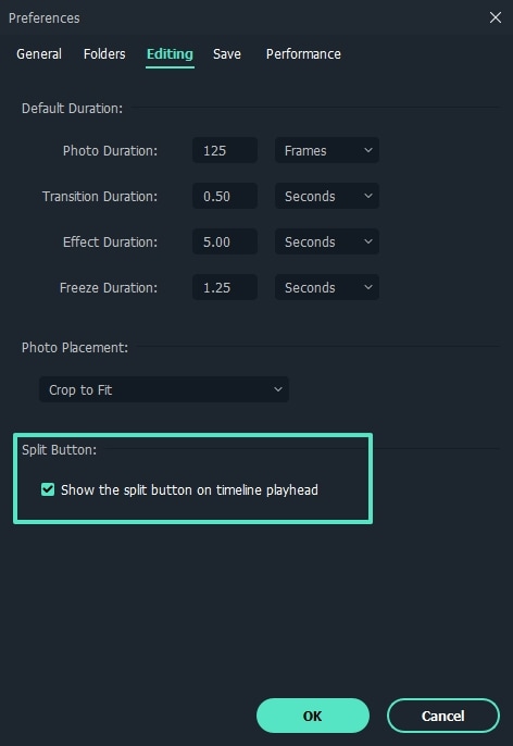 Filmora split button settings