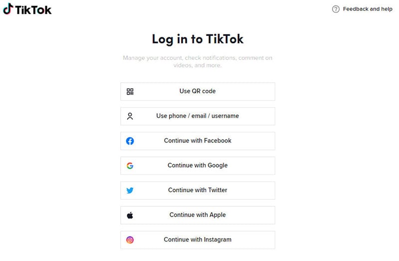 خيارات تسجيل الدخول إلى tiktok