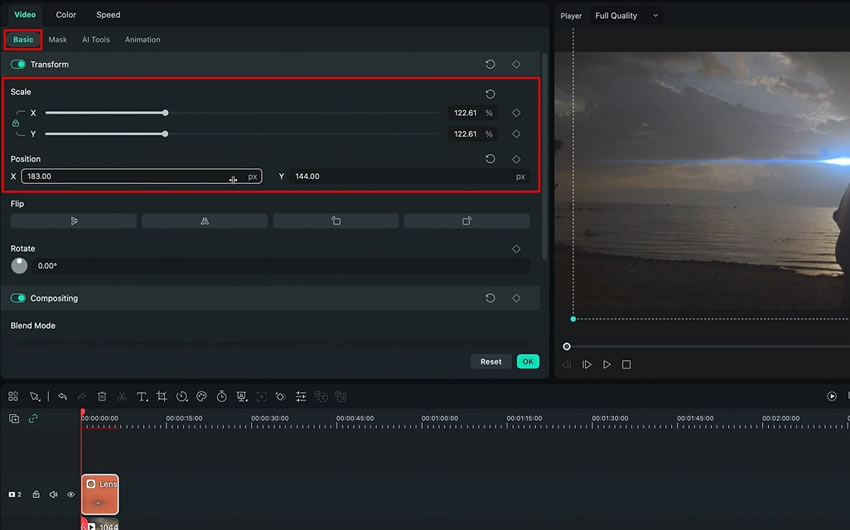 tambahkan keyframe untuk melakukan efek scaling dan positioning