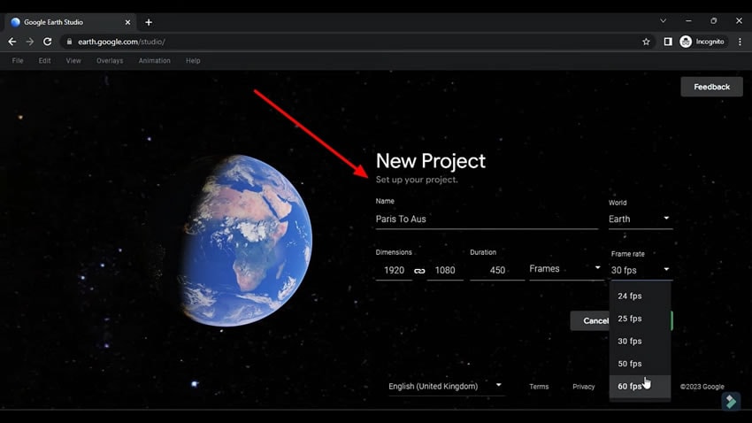 create project on google earth studio