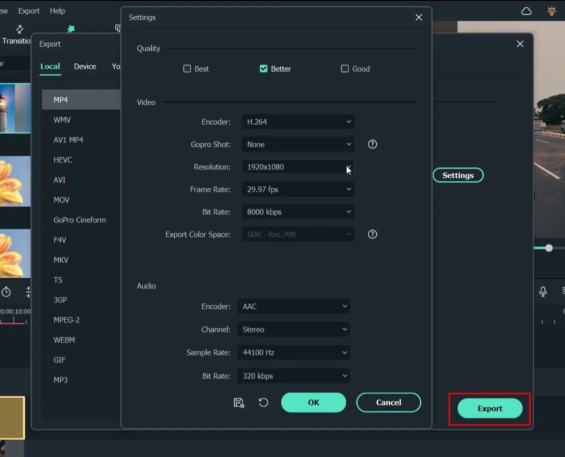 preview and set export settings