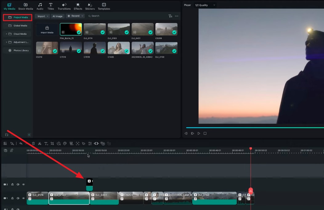 apply transition to timeline clip