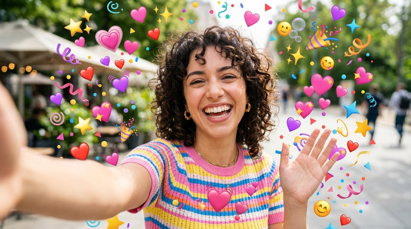 Auto emoji stickers matching facial expressions in Women's Day video