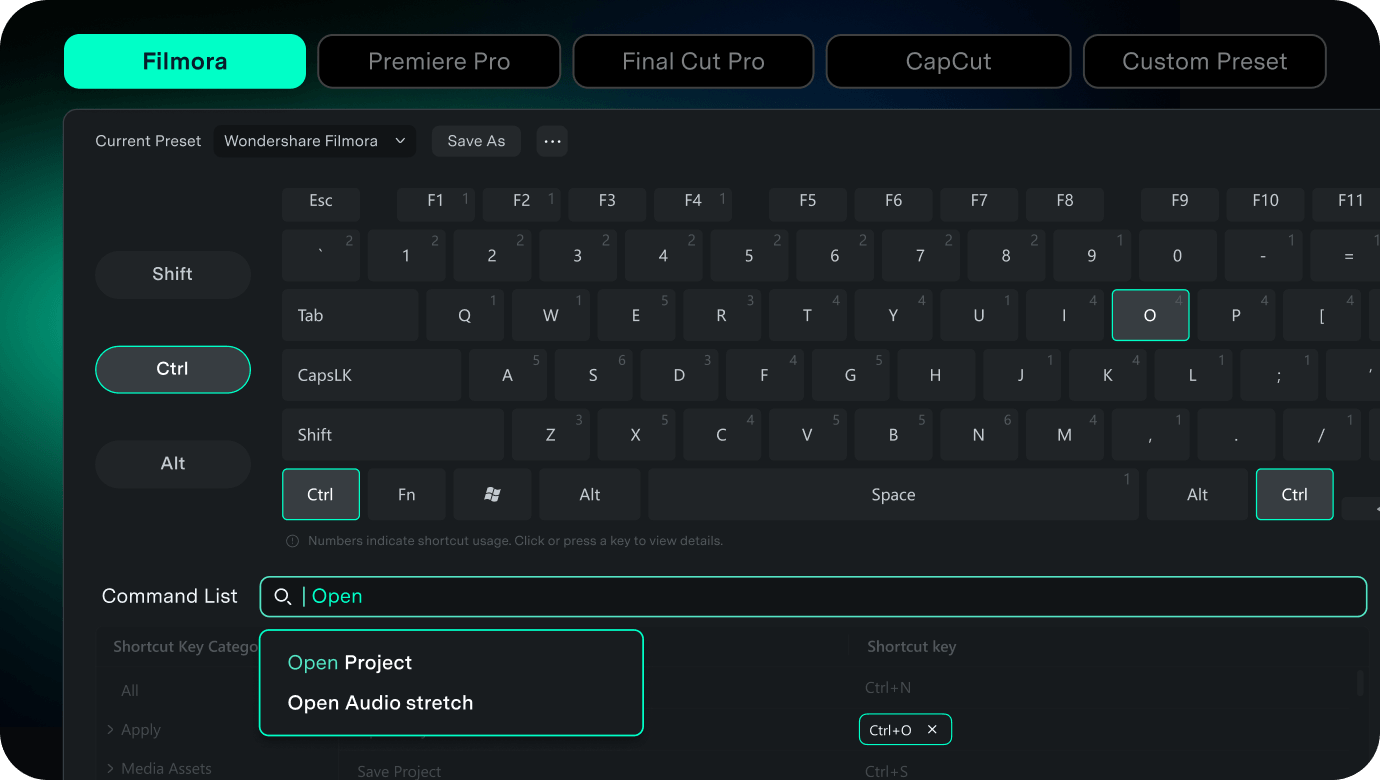 premiere pro shortcut keys in filmora