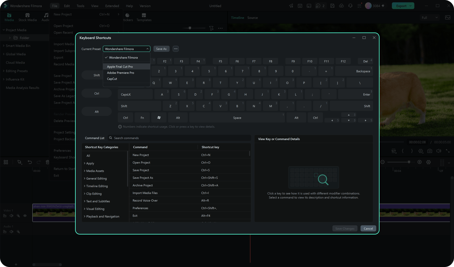 choose a keyboard shortcut preset or customize keys in Filmora