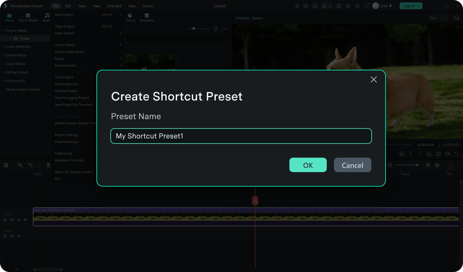 save or export a custom keyboard shortcut preset in Filmora
