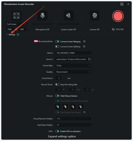 expand settings option