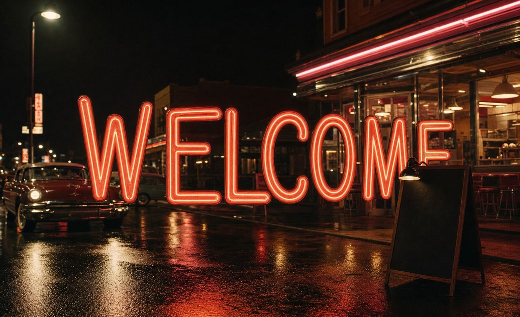 retro neon welcome text over cinematic night footage