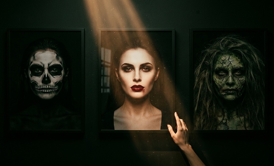AI-generated witch makeup effect with emerald scales