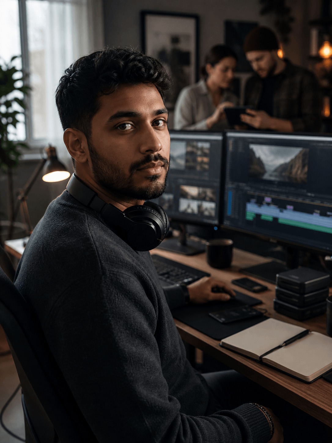 Ethan Collins, a freelance video editor creating client project videos