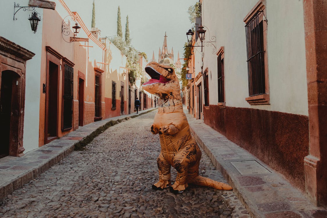 dinosaur wondering on the street