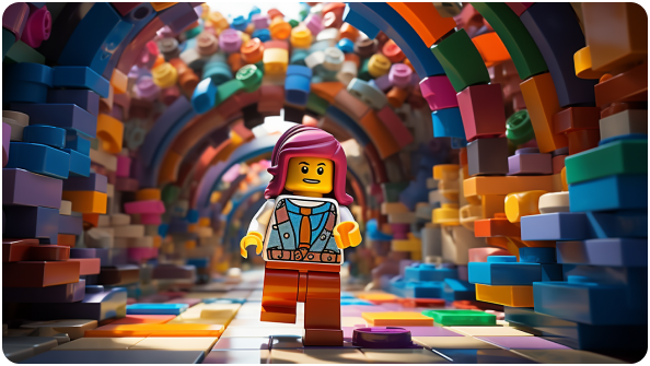 lego character running in a tunnel